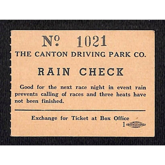 Canton Driving Park Rain Check Stub #1021 Ohio Horse Races c1930's-40's? VGC