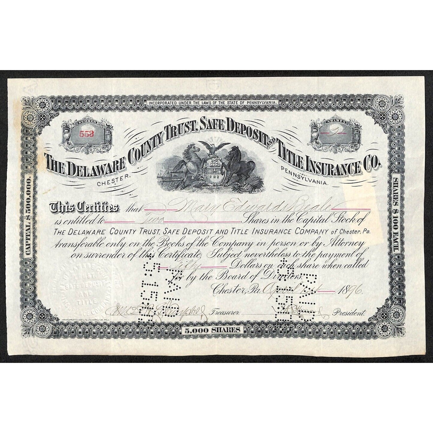 Delaware County Trust, Safe Deposit and Title Ins. Co. 1896 Stock Certificate