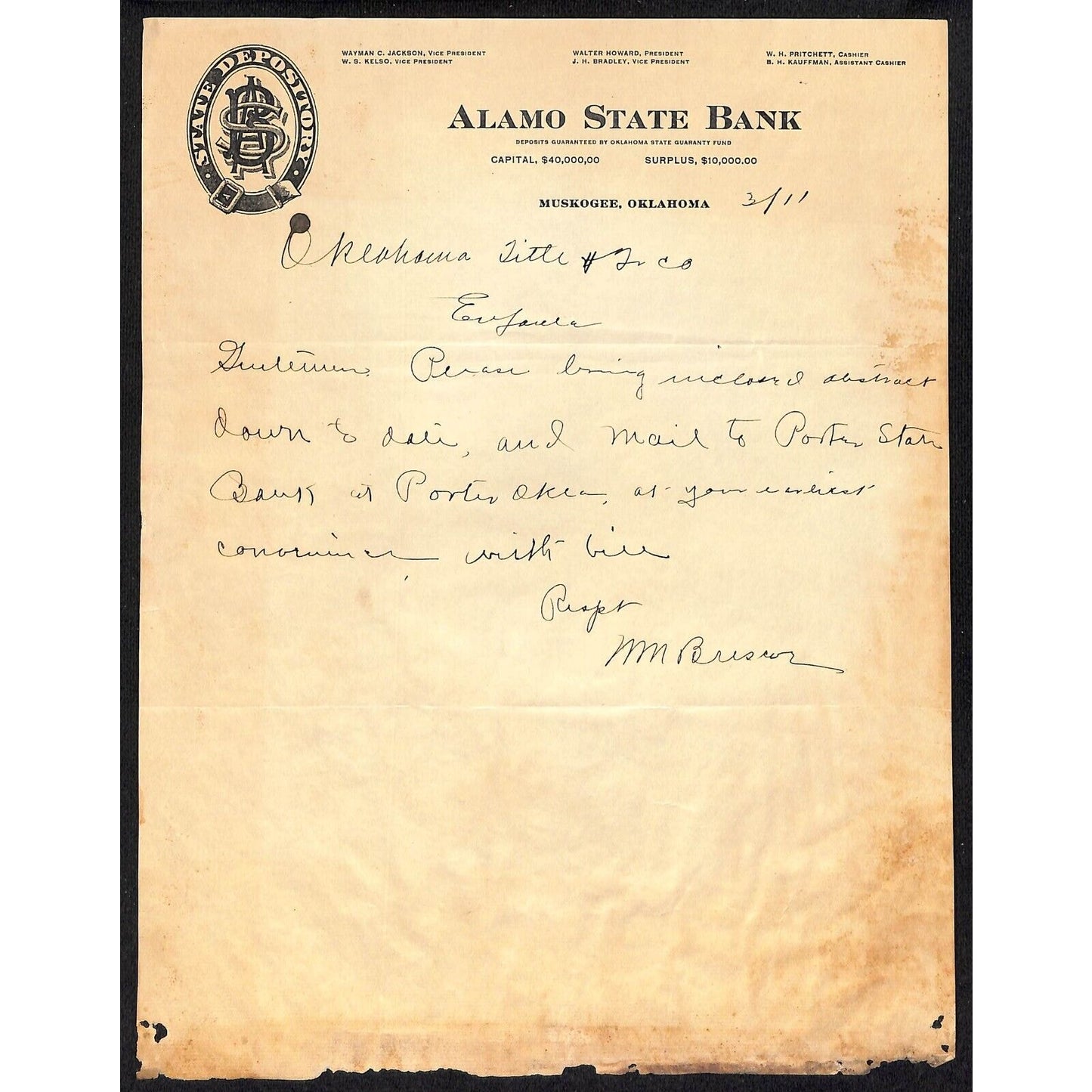 1911 Alamo State Bank Muskogee, OK / Oklahoma Title ALS Letterhead