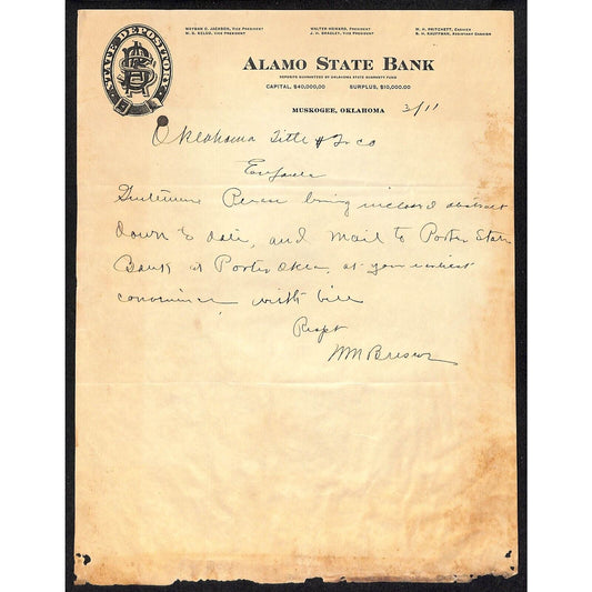 1911 Alamo State Bank Muskogee, OK / Oklahoma Title ALS Letterhead