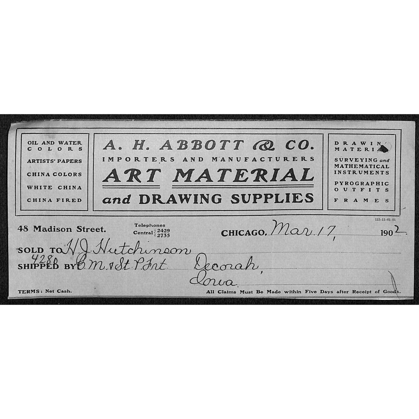 A.H. Abbott & Co. Art Material HJ Hutchinson Decorah, IA* Cut 1902 Billhead