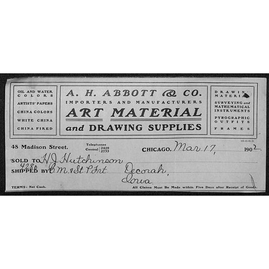 A.H. Abbott & Co. Art Material HJ Hutchinson Decorah, IA* Cut 1902 Billhead