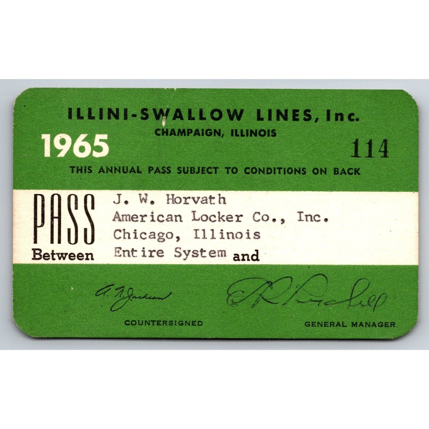 Illini-Swallow Lines Champaign, IL 1965 Annual / Yearly Bus Pass #114