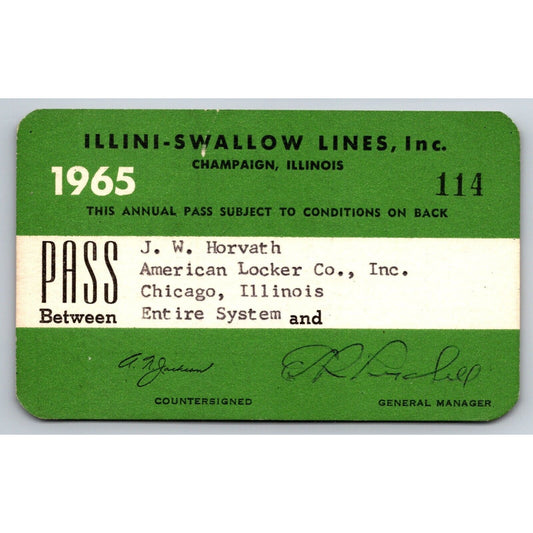 Illini-Swallow Lines Champaign, IL 1965 Annual / Yearly Bus Pass #114