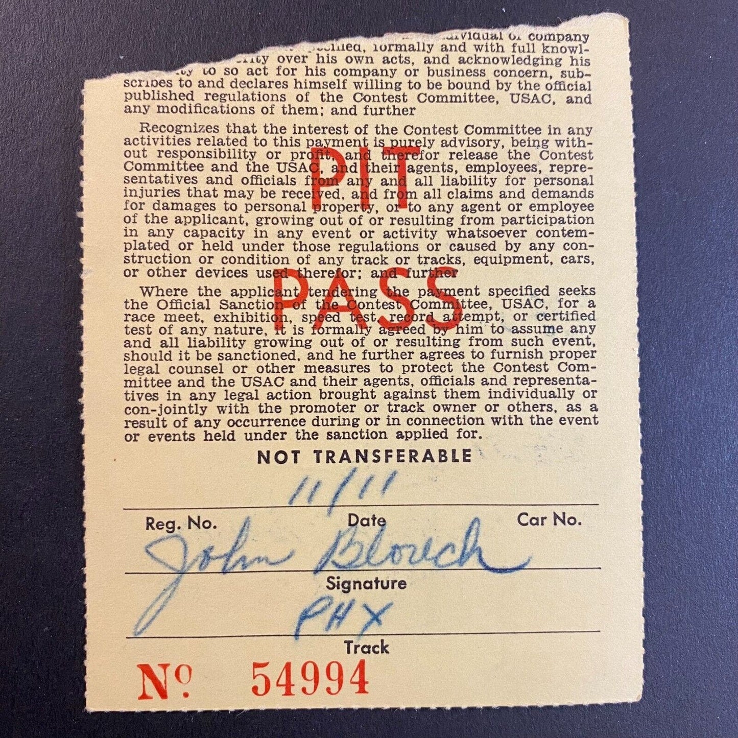 USAC c1957 Pit Pass PHX Phoenix John Blouch (Chief Mechanic) Scarce