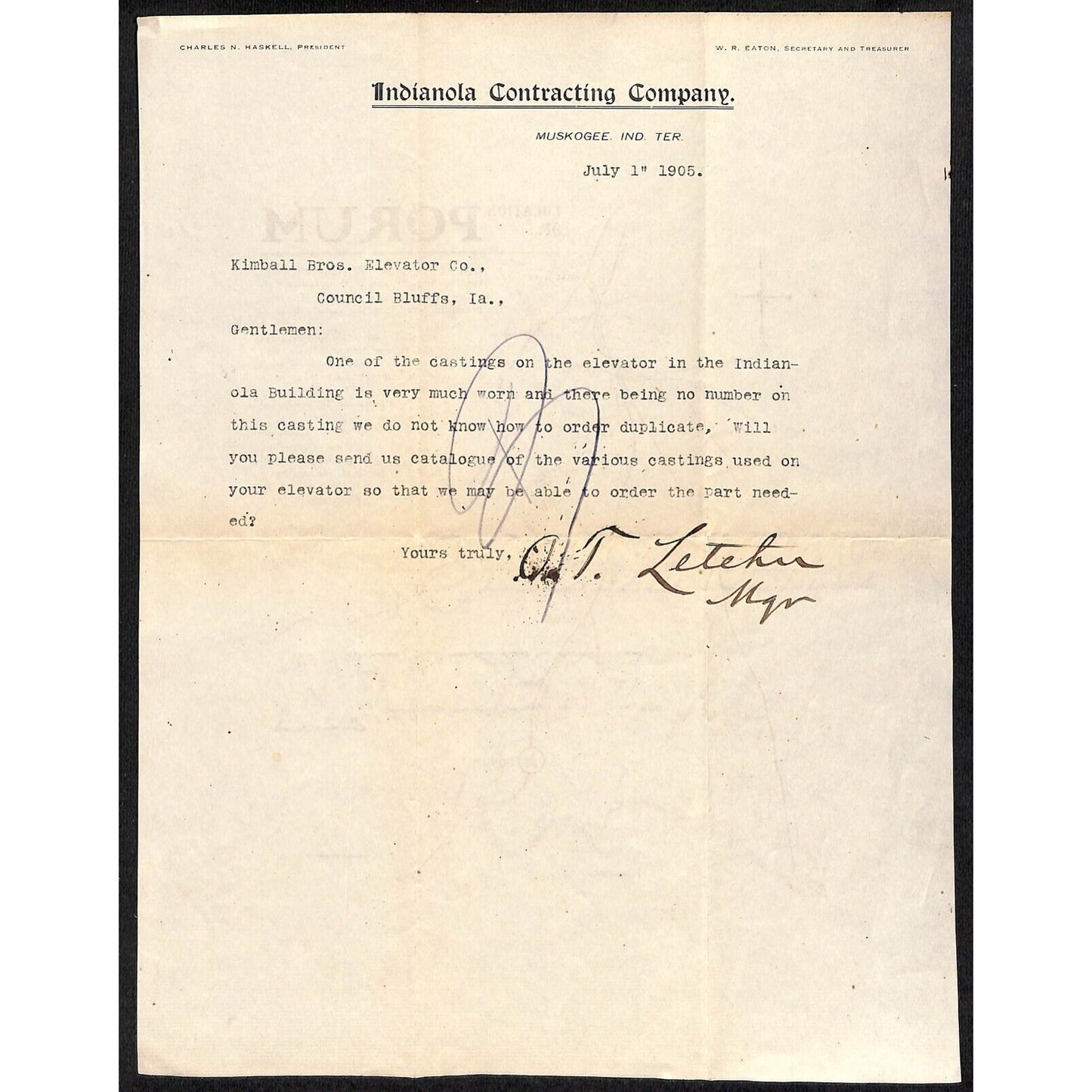 1905 Indianola Contracting Co. I.T. Muskogee, OK Letterhead w/ Porum Map