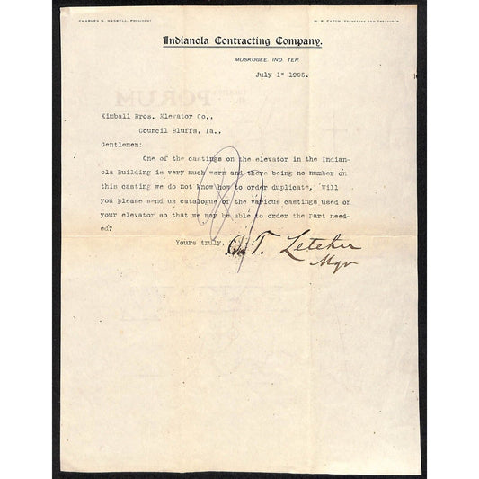1905 Indianola Contracting Co. I.T. Muskogee, OK Letterhead w/ Porum Map