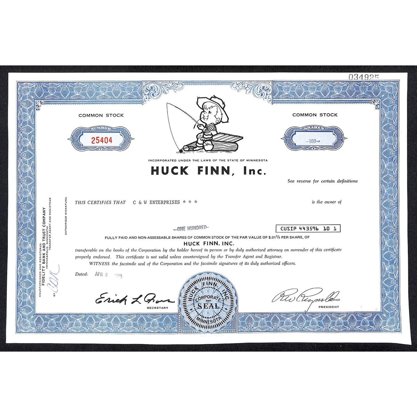 Huck Finn Inc Minnesota 1973 Stock Certificate #25404