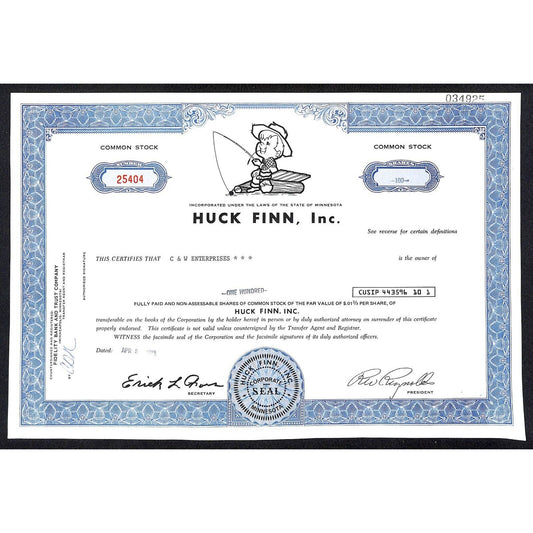 Huck Finn Inc Minnesota 1973 Stock Certificate #25404
