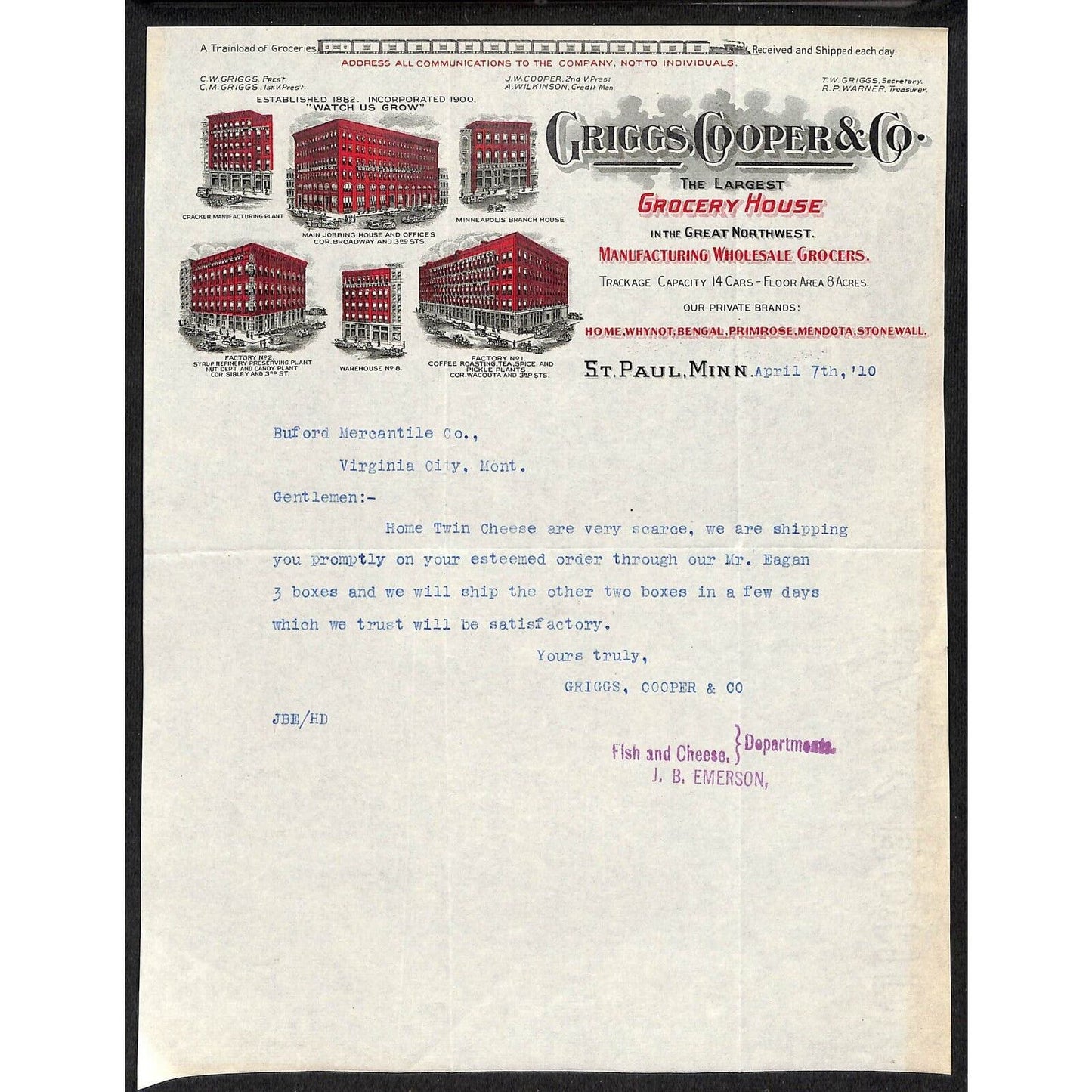 Griggs, Cooper & Co. St. Paul Grocery House Buford* 1910 Letterhead re: Cheese