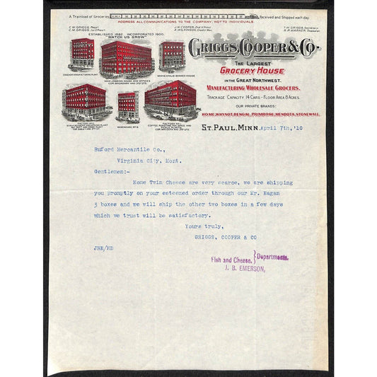 Griggs, Cooper & Co. St. Paul Grocery House Buford* 1910 Letterhead re: Cheese