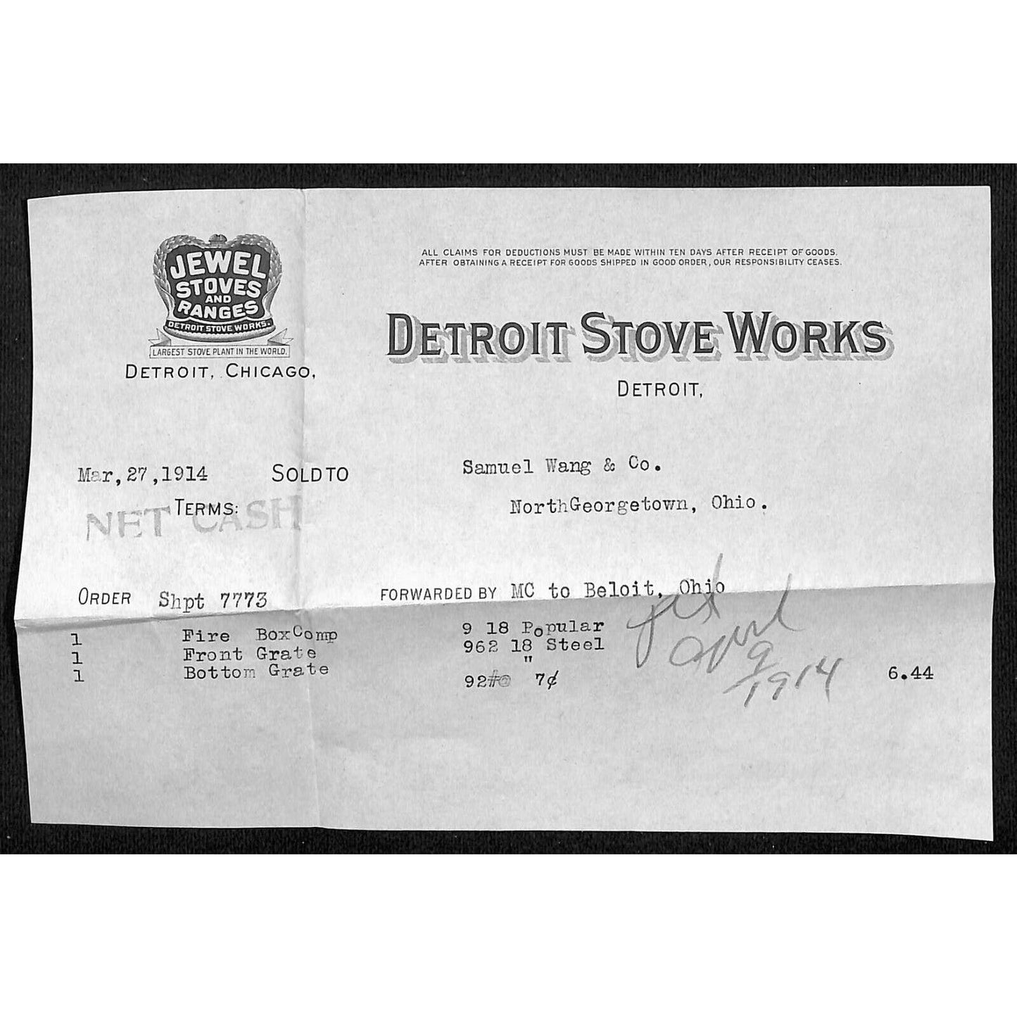 Detroit Stove Works / Samuel Wang Co* North Georgetown 1914 Billhead & Cover