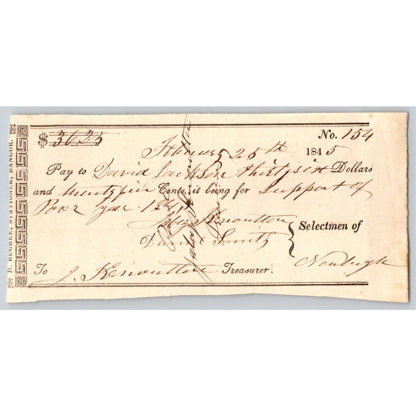 1845 Jabez Knowlton* Newburgh ME Town Check for David ____son "Support of Poor"