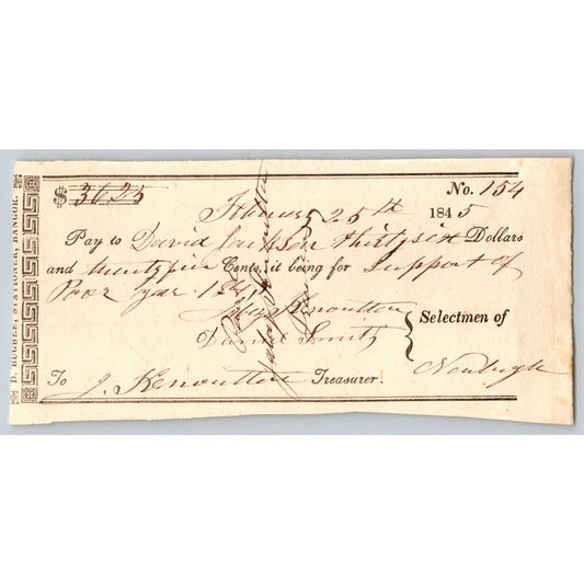 1845 Jabez Knowlton* Newburgh ME Town Check for David ____son "Support of Poor"