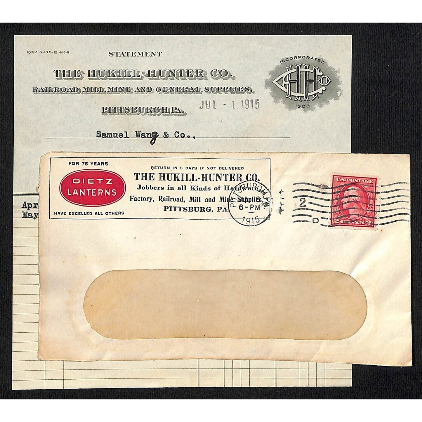 Hukill-Hunter Co. Pitts. Dietz Lanterns / Samuel Wang Co.* 1915 Billhead & Cover