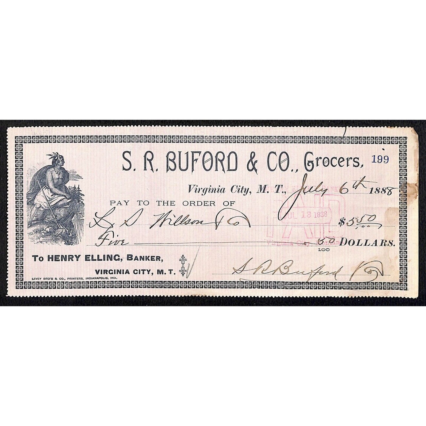 1888 Henry Elling Virginia City Montana Territory S.R. Buford Grocers Check #199
