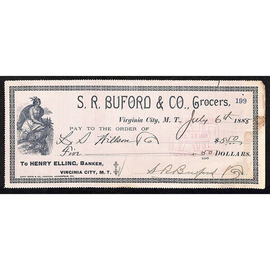 1888 Henry Elling Virginia City Montana Territory S.R. Buford Grocers Check #199