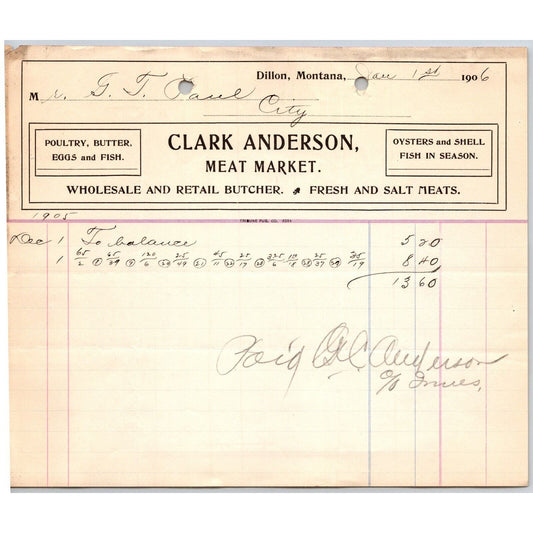 Dillon, MT Clark Anderson Meat Market Butcher Oysters Salt Meats 1906 Billhead