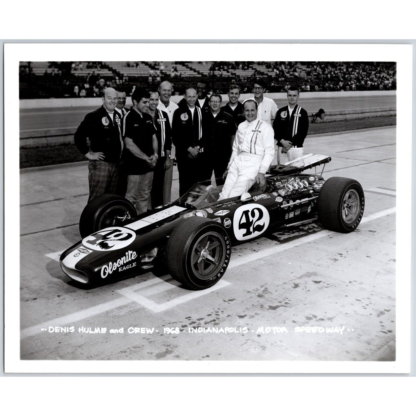 Denis Hulme & Crew 1968 Indianapolis Motor Speedway 8" x 10" Photo IMS Stamp VGC