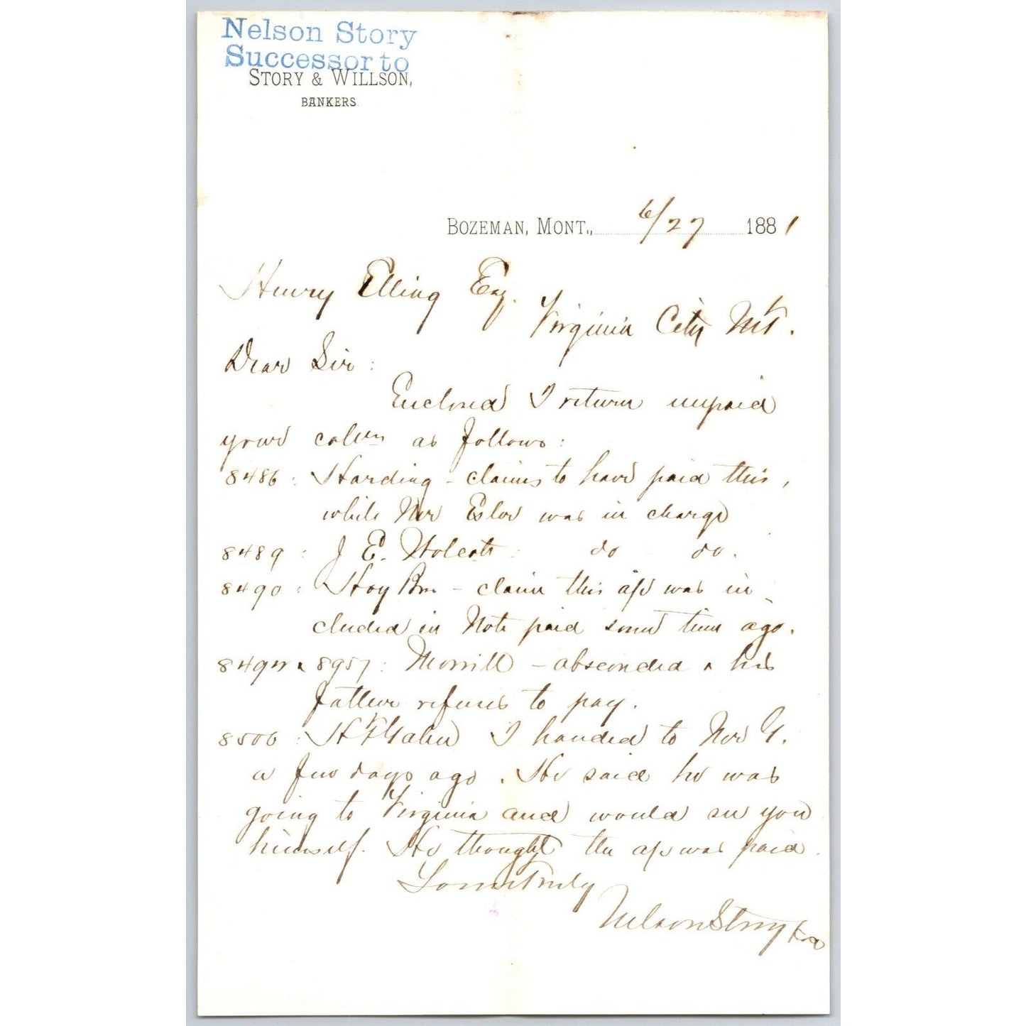 Nelson Story & Willson Bozeman, MT 4/27 1881 ALS Letterhead Henry Elling*
