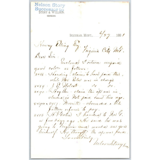 Nelson Story & Willson Bozeman, MT 4/27 1881 ALS Letterhead Henry Elling*