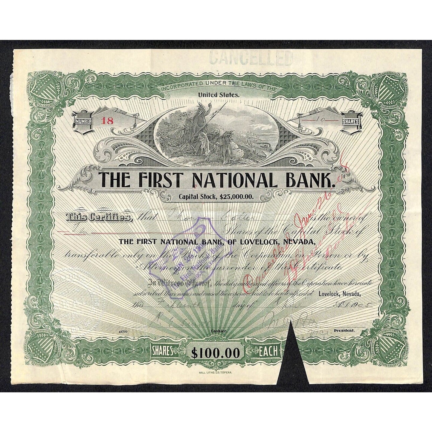 First National Bank of Lovelock, NV 1905 Stock Certificate to Thomas Cotter #18
