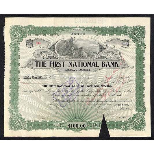 First National Bank of Lovelock, NV 1905 Stock Certificate to Thomas Cotter #18