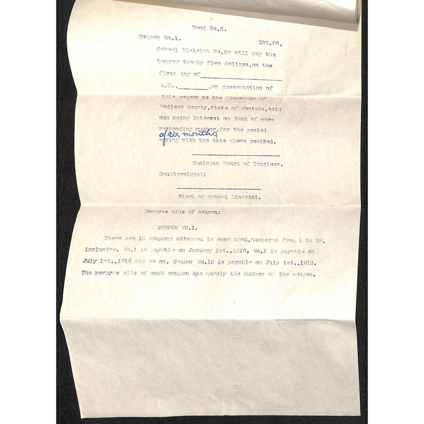 Montana Madison County School District 23 $1,000 Bond Document 3pp 1918