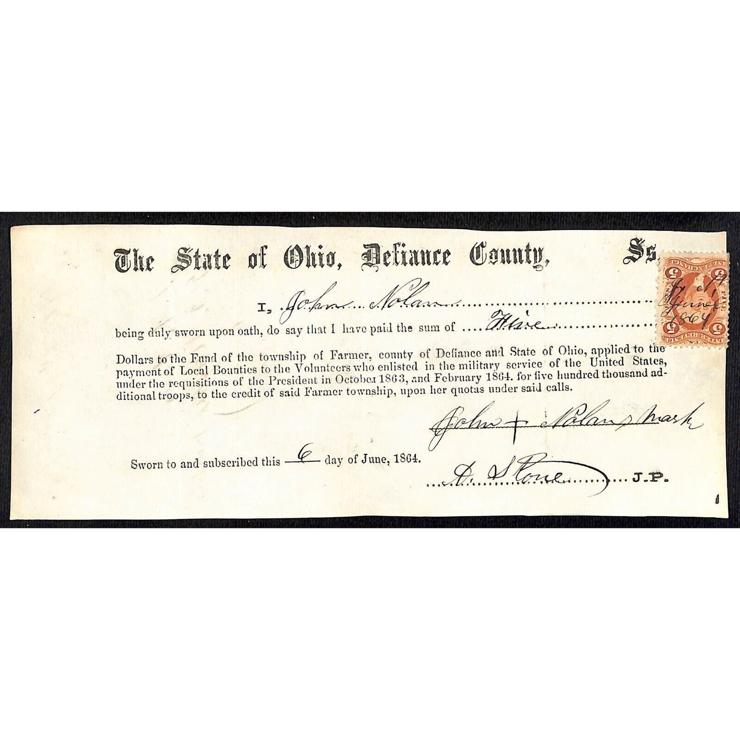 Civil War Farmer Township, OH Defiance 1864 Bounty Receipt - John Nolan