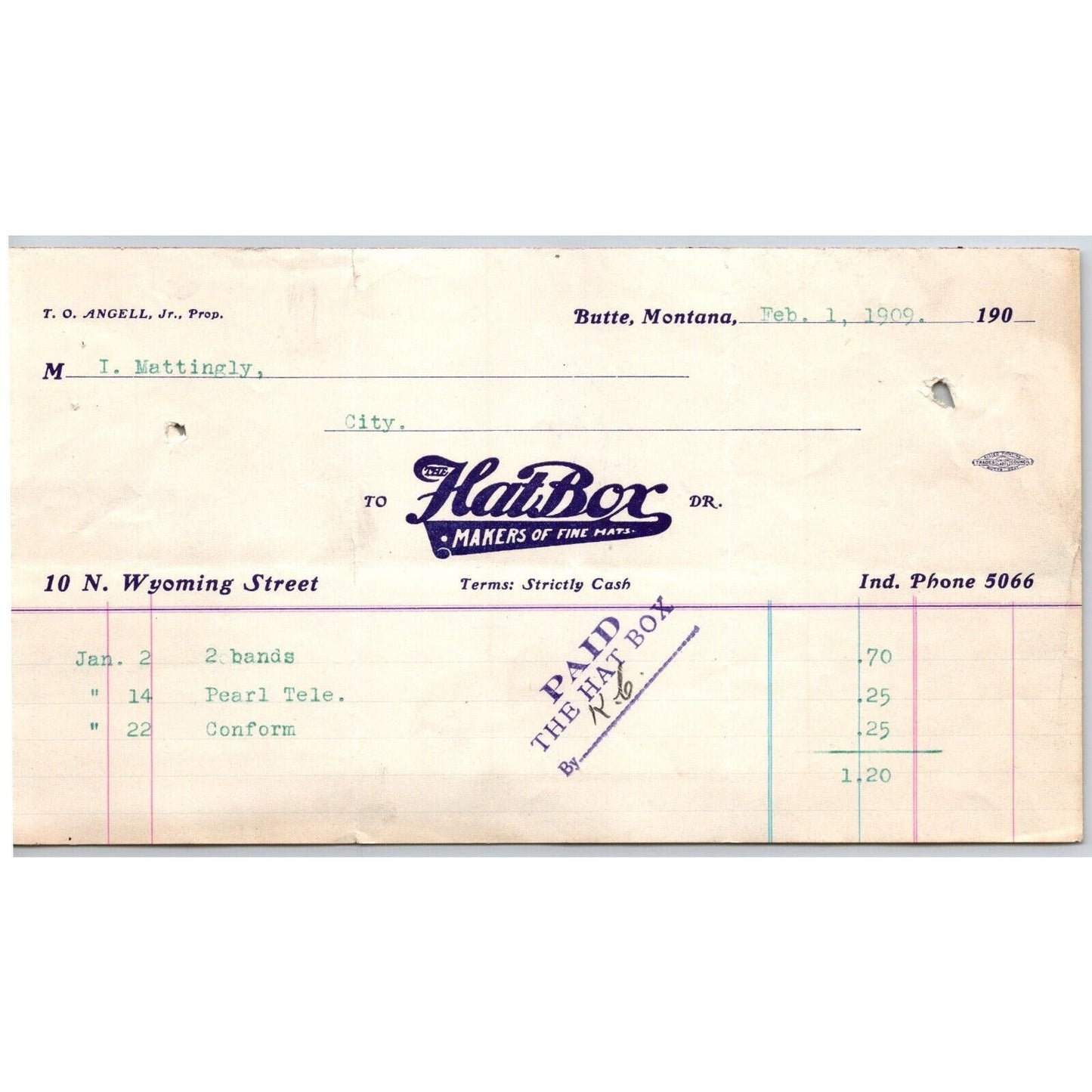 Butte, MT Hatbox "Makers of Fine Hats" 1909 Billhead
