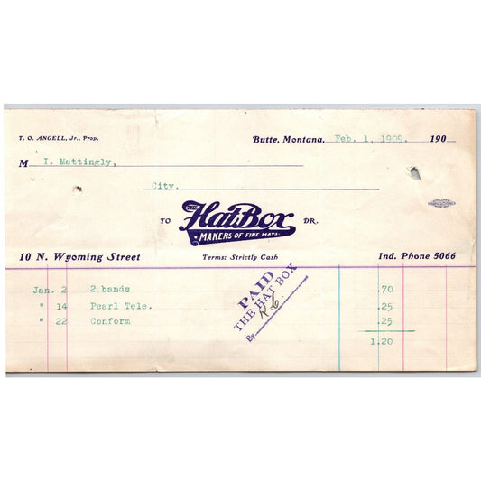 Butte, MT Hatbox "Makers of Fine Hats" 1909 Billhead