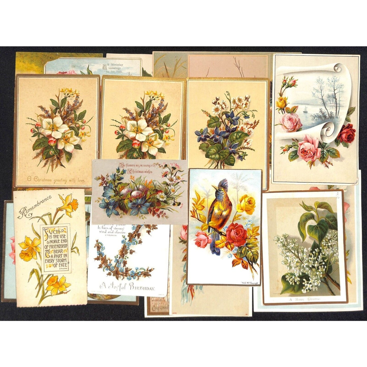 Group of 33 Mostly Floral Themed Victorian Greeting / Holiday Cards