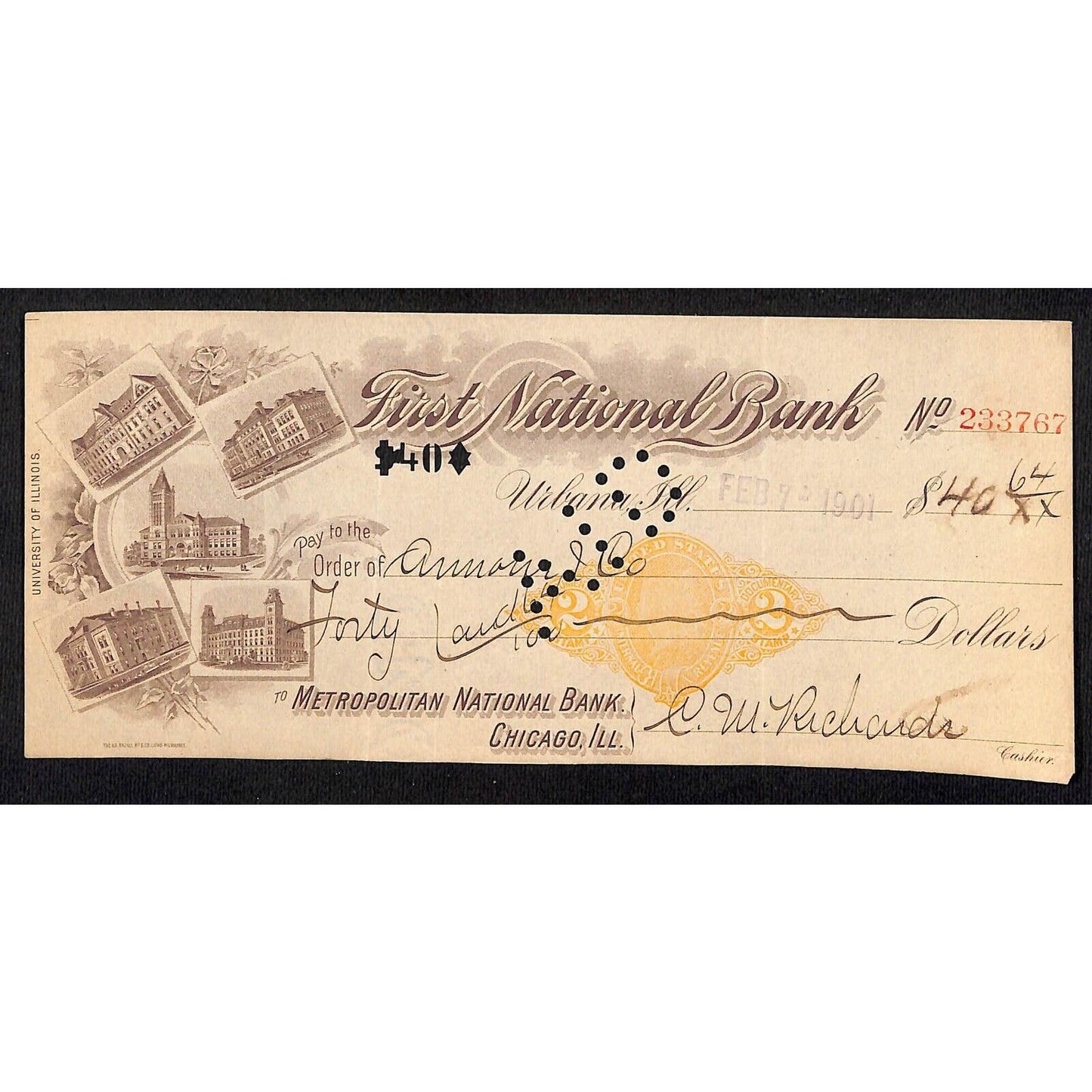 FNB Urbana, IL $40 1901 Bank Check Revenue Stamp w/ University Bldg. Vignettes