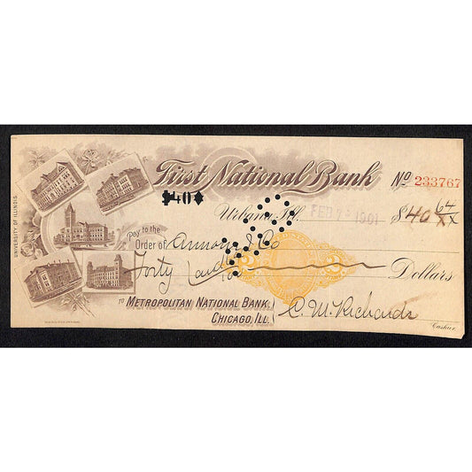 FNB Urbana, IL $40 1901 Bank Check Revenue Stamp w/ University Bldg. Vignettes