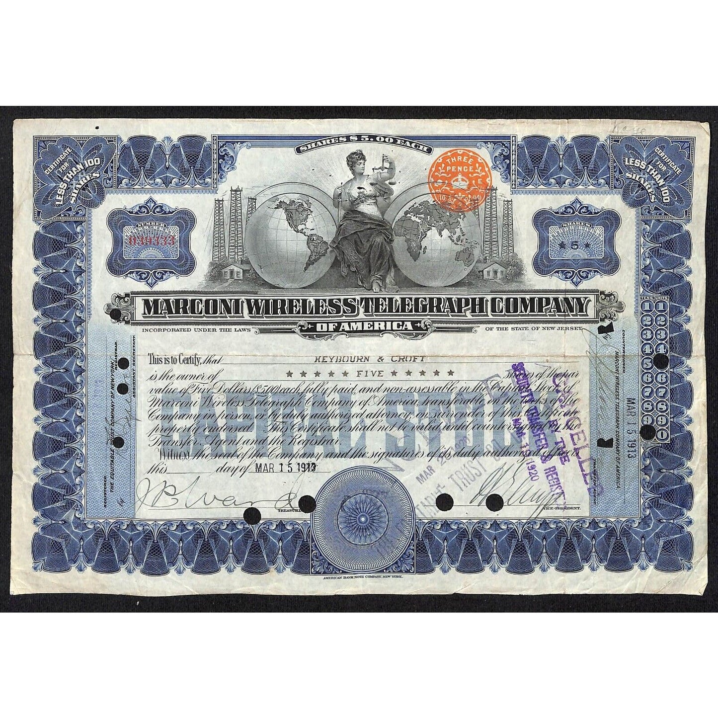 Marconi Wireless Telegraph 1913 Stock Certificate "Heybourn & Croft"