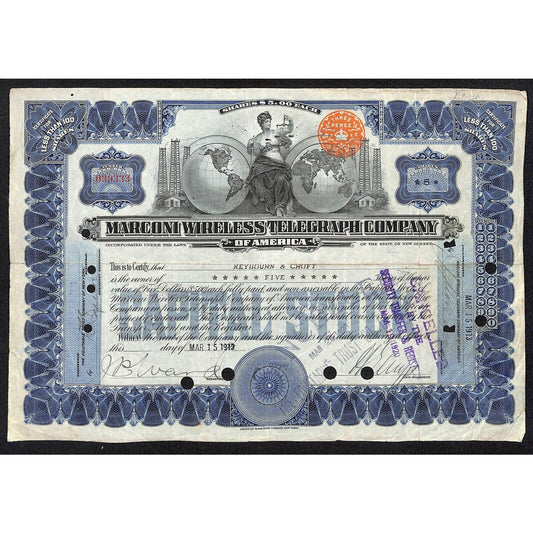 Marconi Wireless Telegraph 1913 Stock Certificate "Heybourn & Croft"