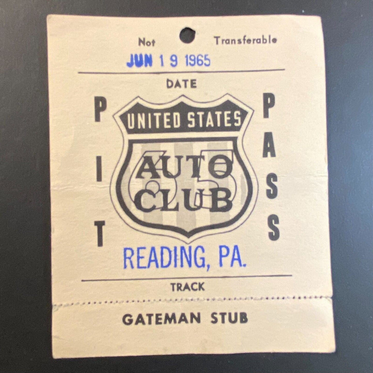 1965 Reading, PA USAC Pit Pass w/ Gateman Stub Auto Racing June 19 1965