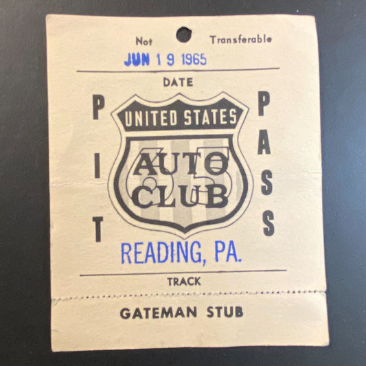1965 Reading, PA USAC Pit Pass w/ Gateman Stub Auto Racing June 19 1965