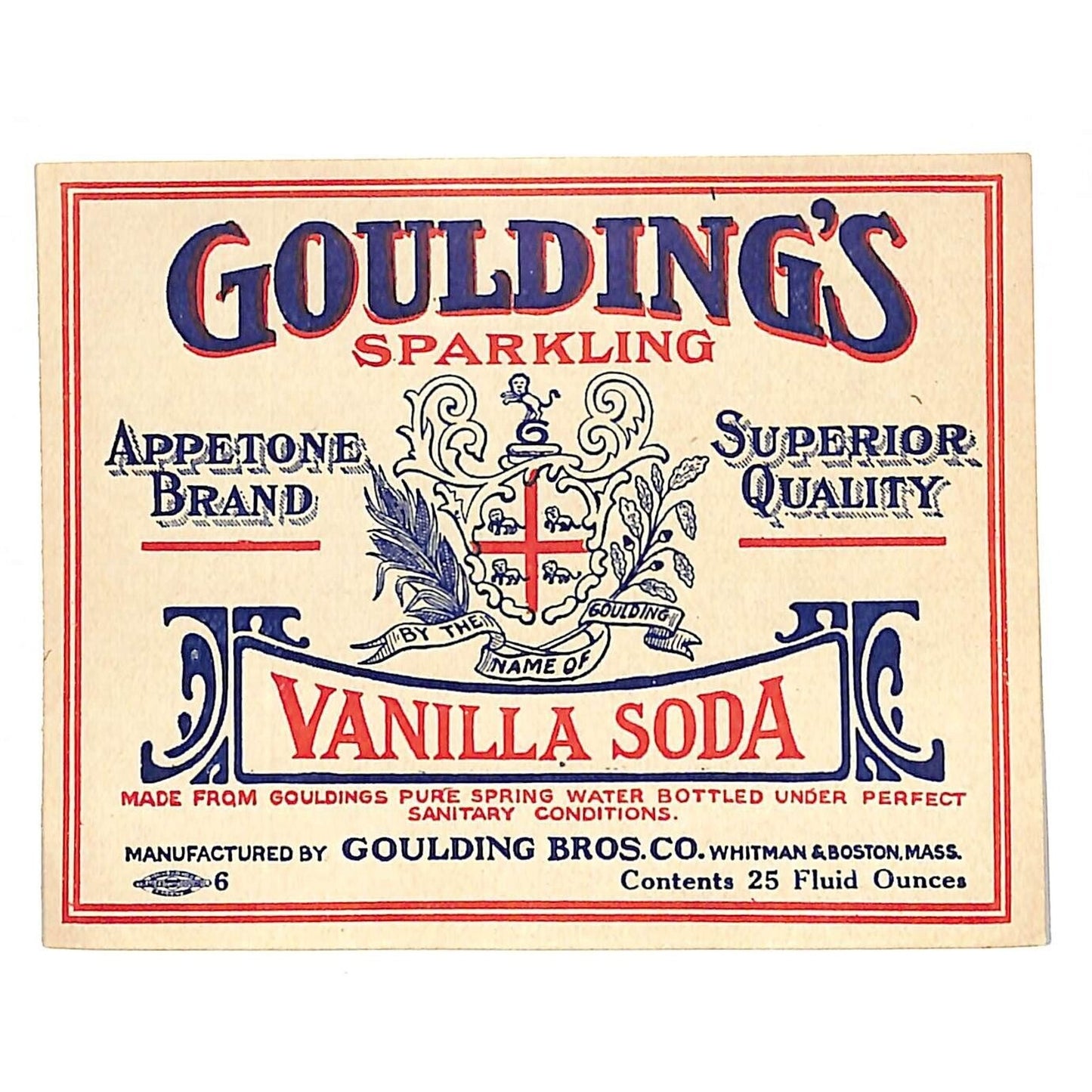 Goulding's Vanilla Soda Goulding Bros. Whitman MA Soda Bottle Label c1925-35