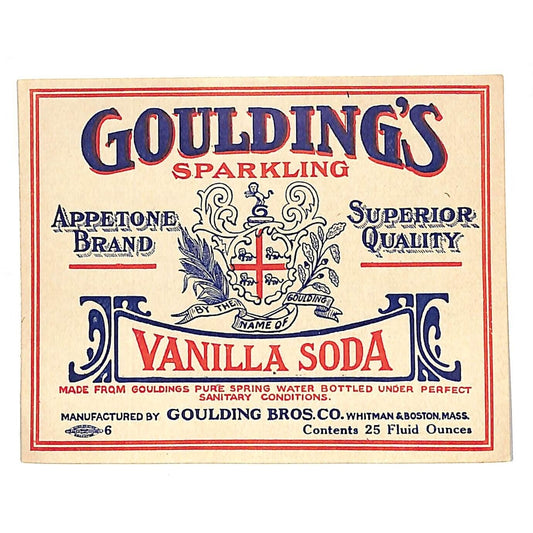 Goulding's Vanilla Soda Goulding Bros. Whitman MA Soda Bottle Label c1925-35
