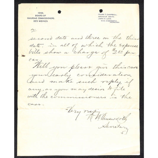 Iowa Board of Railroad Commissioners Des Moines c1890 Partial ALS Letterhead