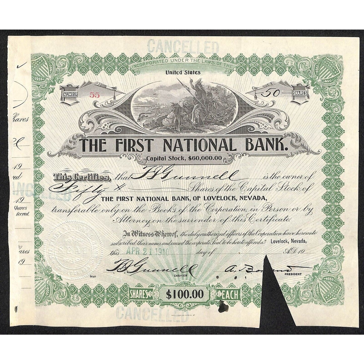 First National Bank of Lovelock, NV 1910 Stock Certificate to F.I. Gunnell * #55
