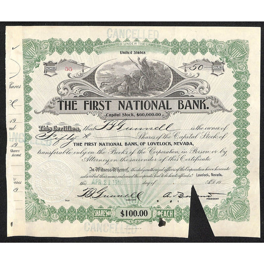First National Bank of Lovelock, NV 1910 Stock Certificate to F.I. Gunnell * #55