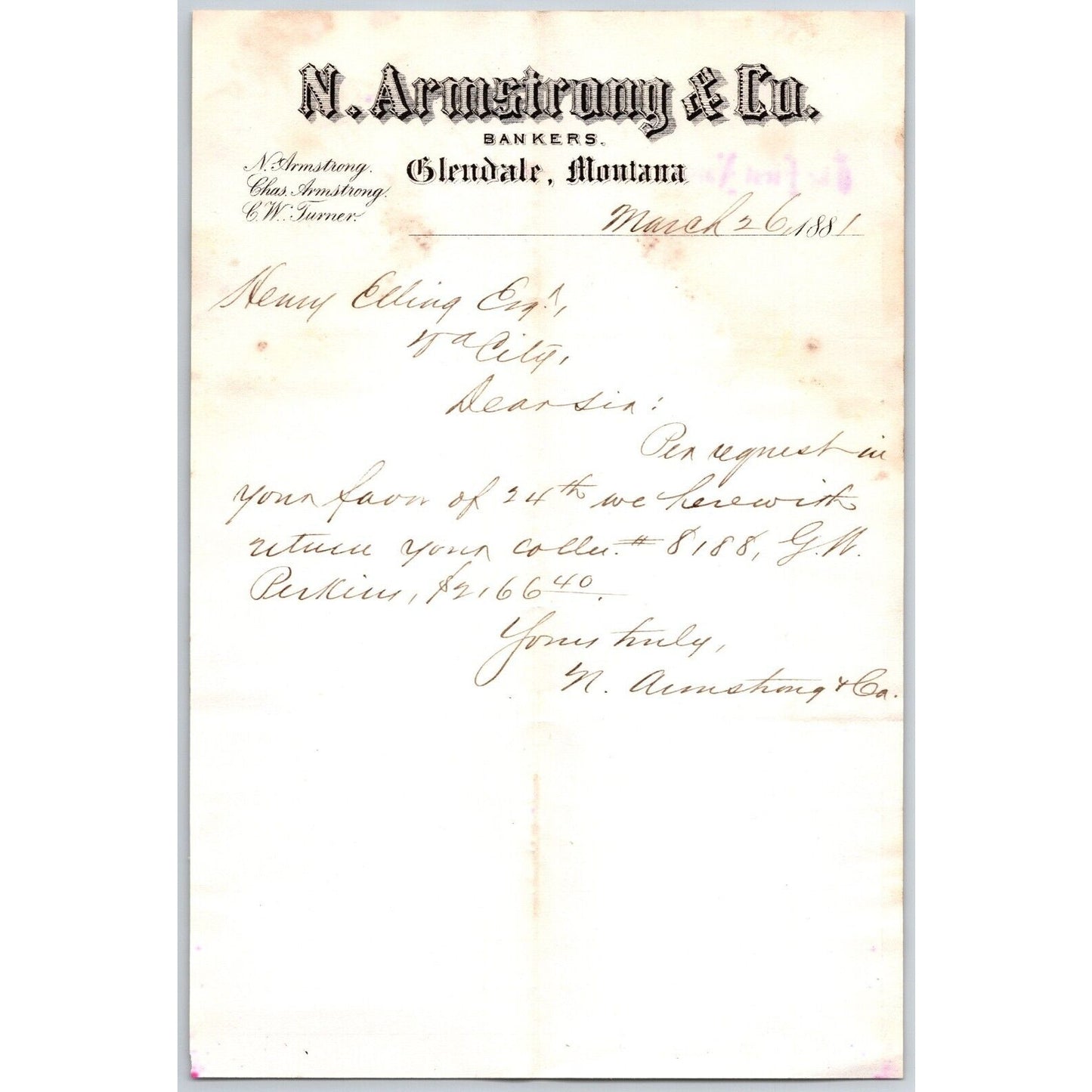 N. Armstrong & Co. Bankers Glendale, MT 1881 ALS / Letterhead to Henry Elling*