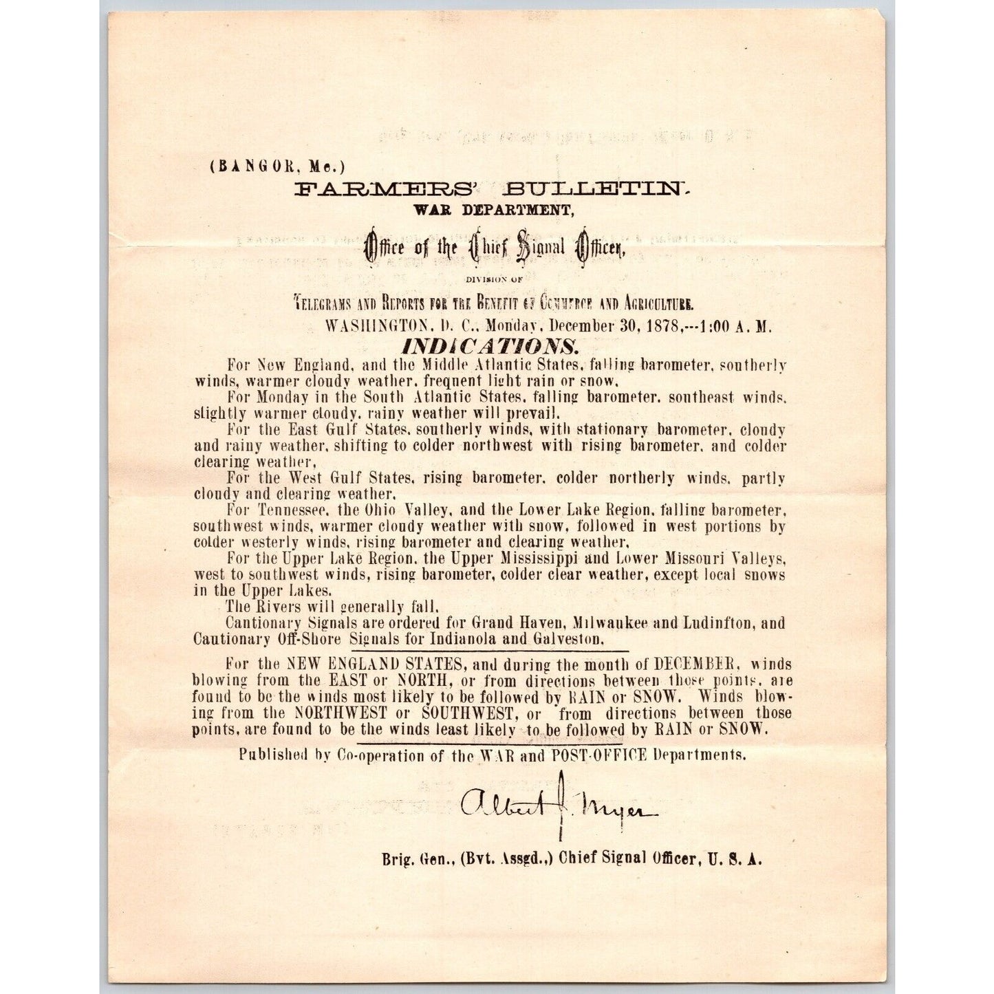 Bangor, ME Chief Signal Office, War Department Farmers' Bulletin - Dec. 30, 1878