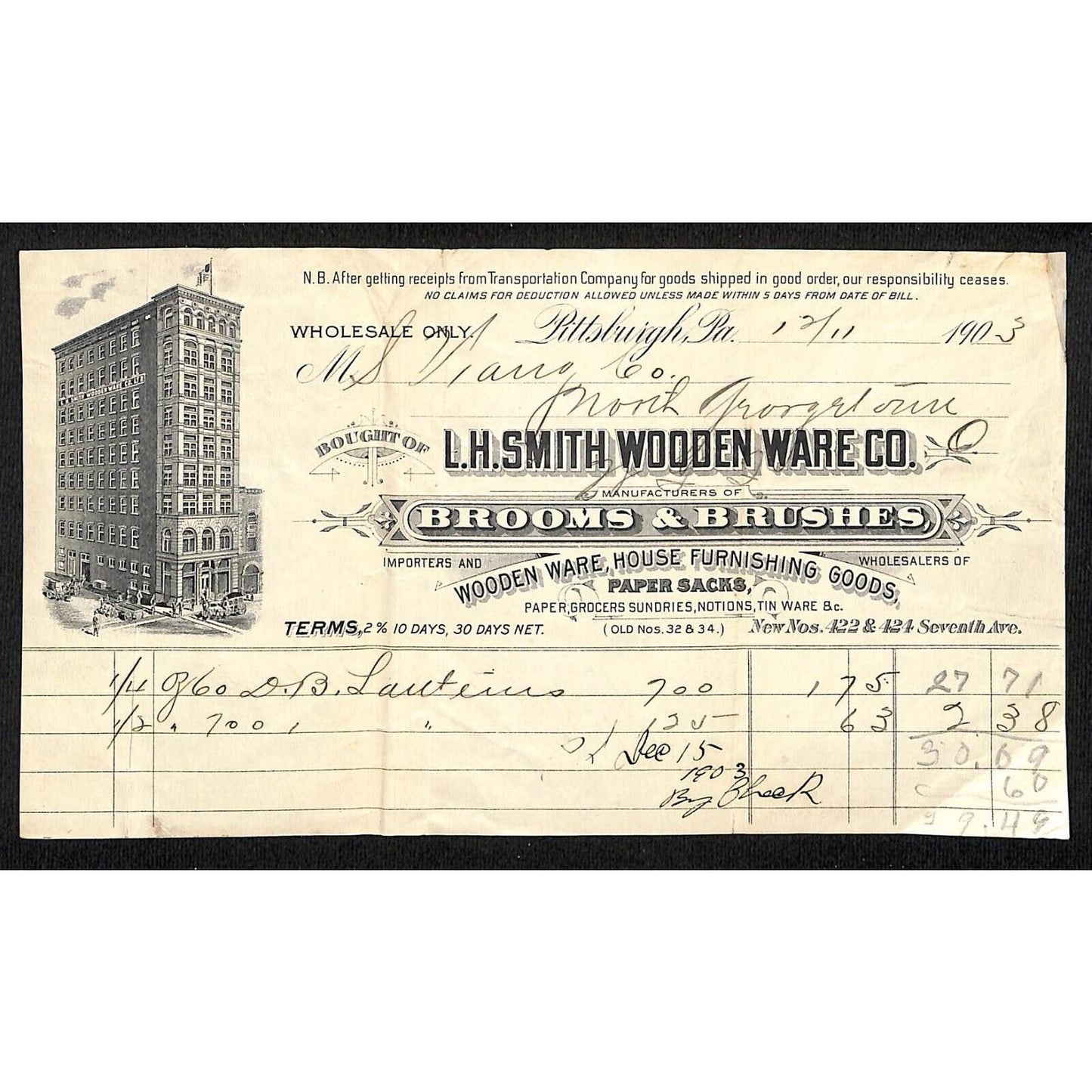 L.H. Smith Wooden Ware Co. Brooms 1903 Billhead Samuel Wang* N. Georgetown, OH