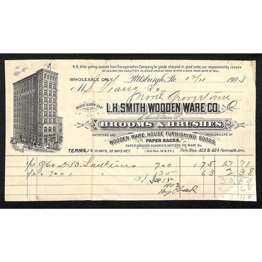 L.H. Smith Wooden Ware Co. Brooms 1903 Billhead Samuel Wang* N. Georgetown, OH