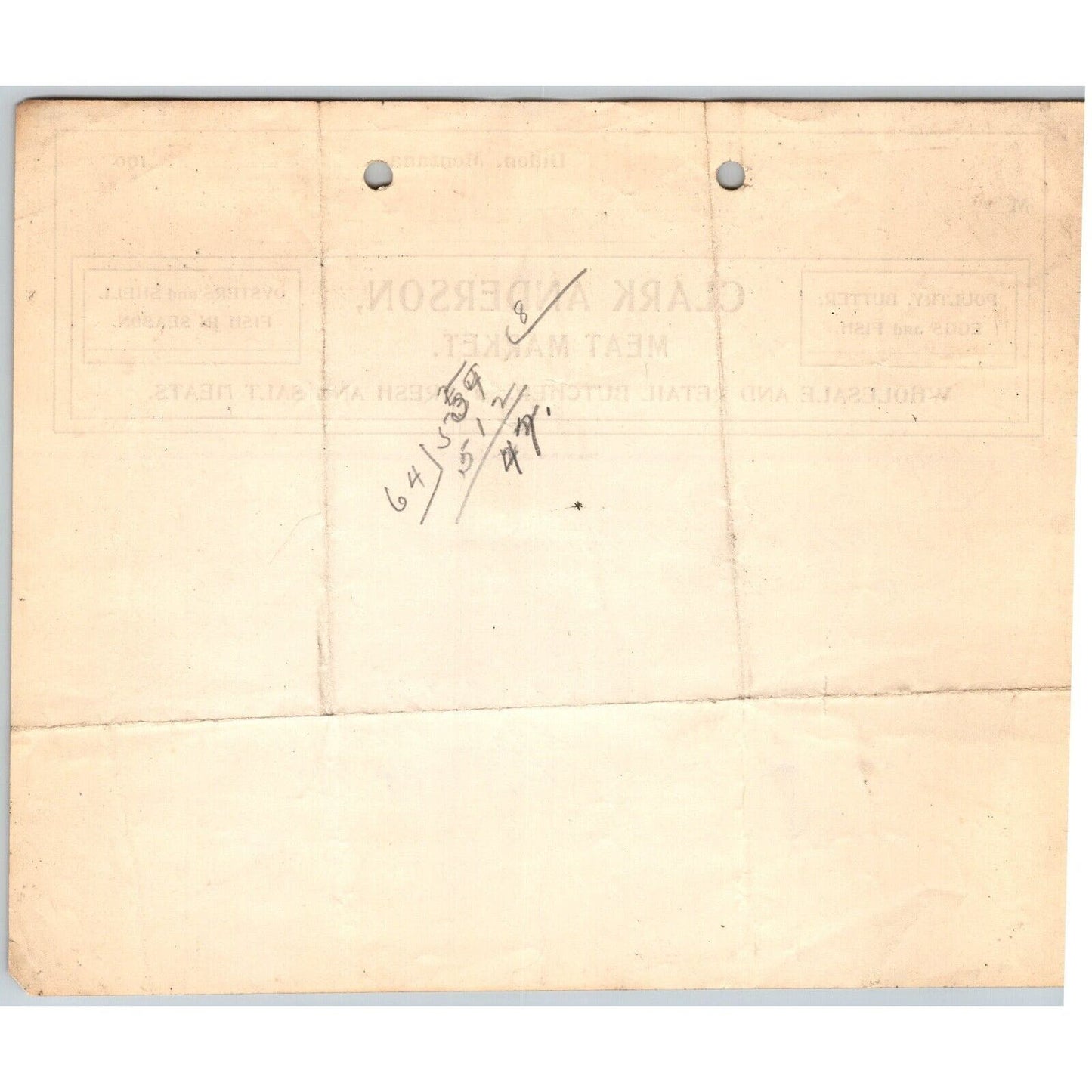 Dillon, MT Clark Anderson Meat Market Butcher Oysters Salt 1906 Billhead