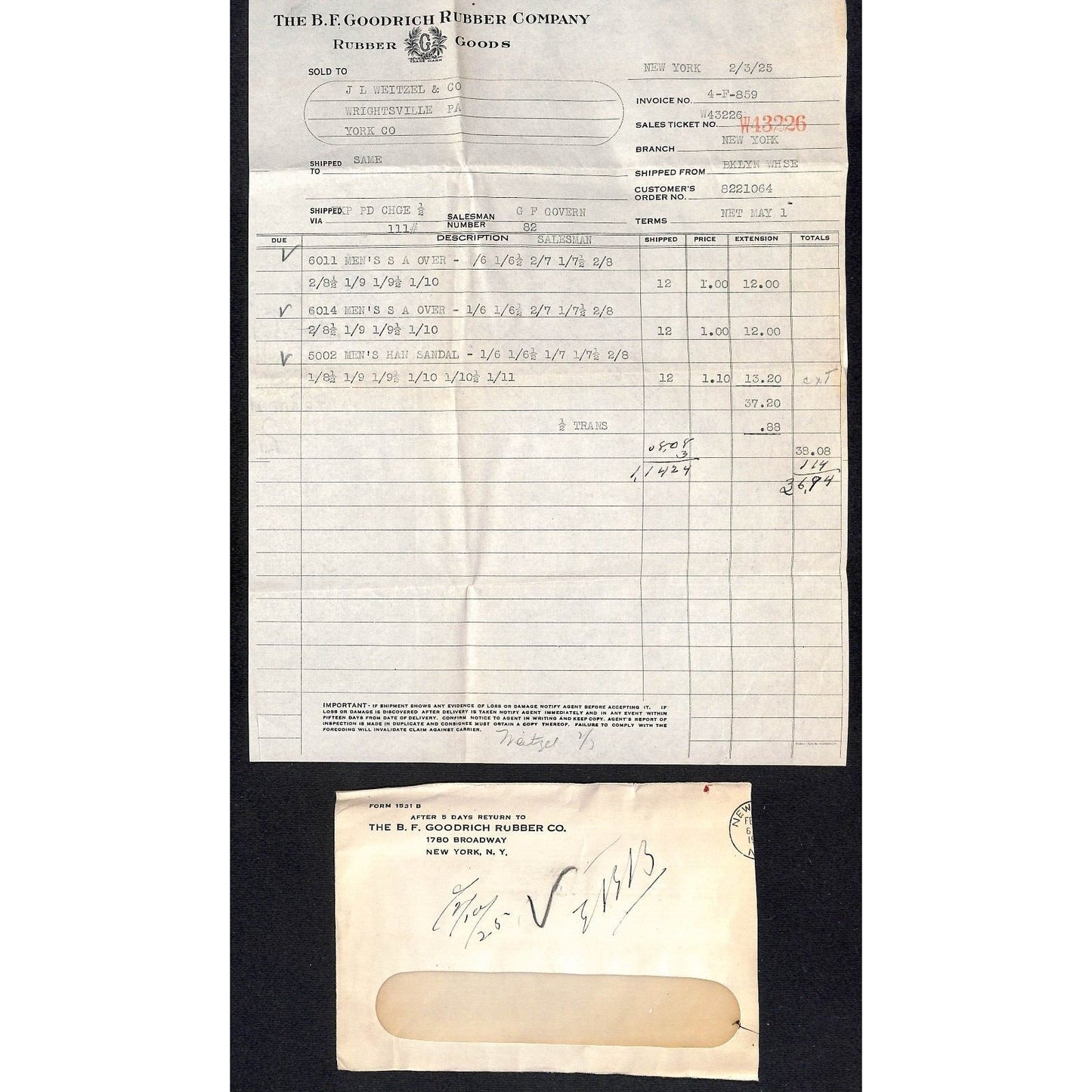 B.F. Goodrich Rubber Goods Weitzel Wrightsville, PA 1925 Billhead + Cover