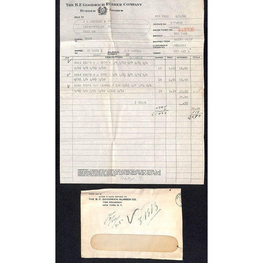 B.F. Goodrich Rubber Goods Weitzel Wrightsville, PA 1925 Billhead + Cover